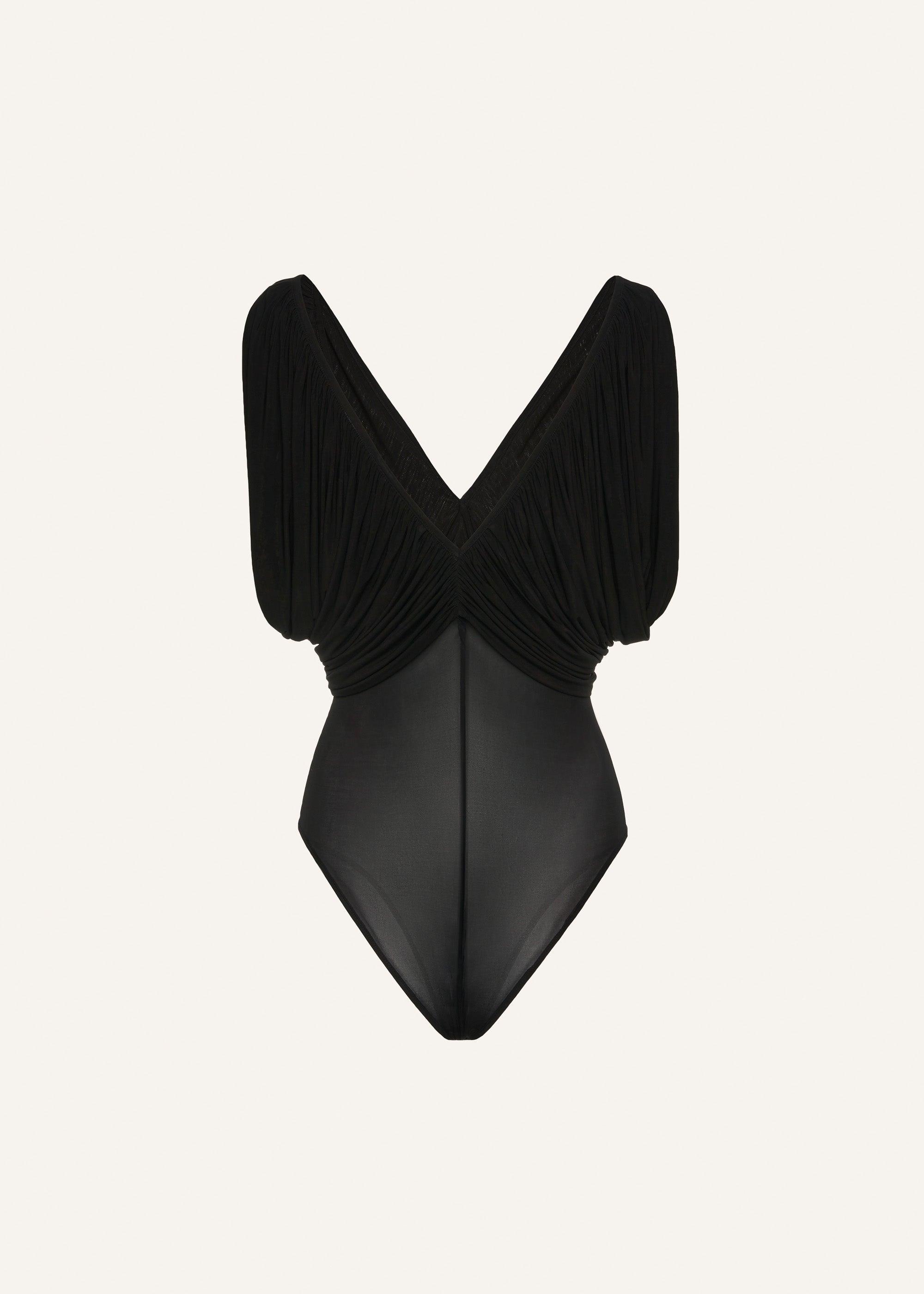 Ruched v neck bodysuit in black Product Image