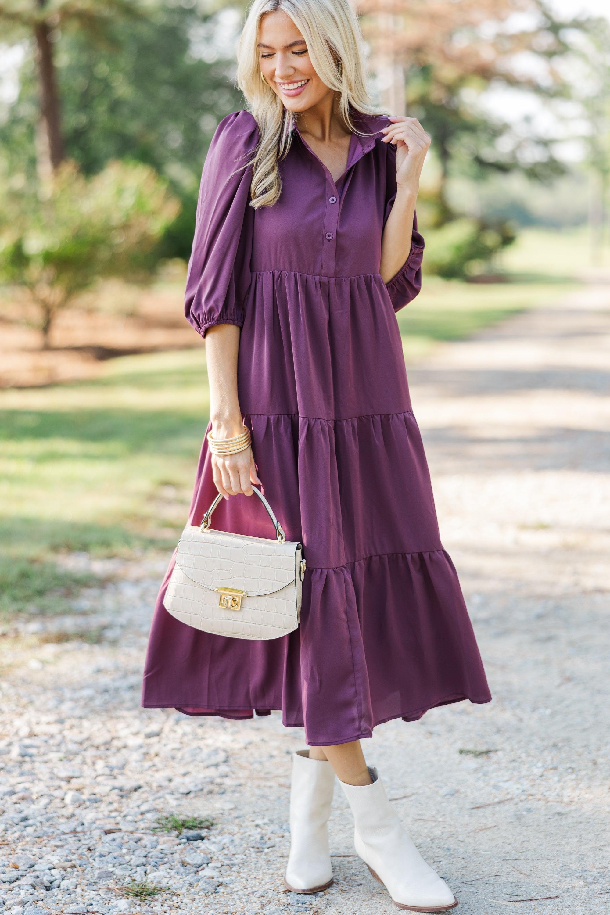 Love Found Plum Purple Tiered Midi Dress Female Product Image