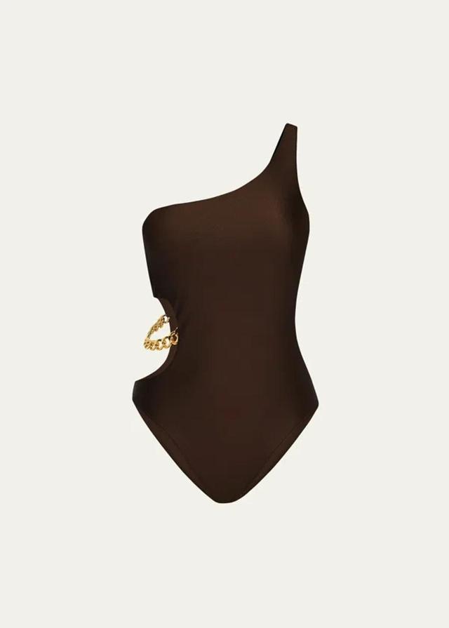 Ava Shimmer One-shoulder Cutout One-piece Swimsuit In Chocolate Product Image