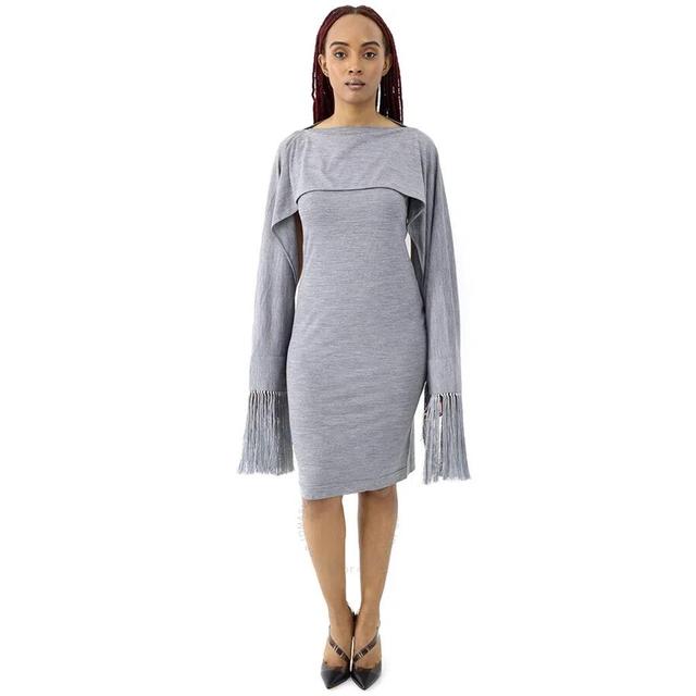 BURBERRY Cloud Grey Merino Wool Sleeveless Dress With Fringed Capelet Product Image