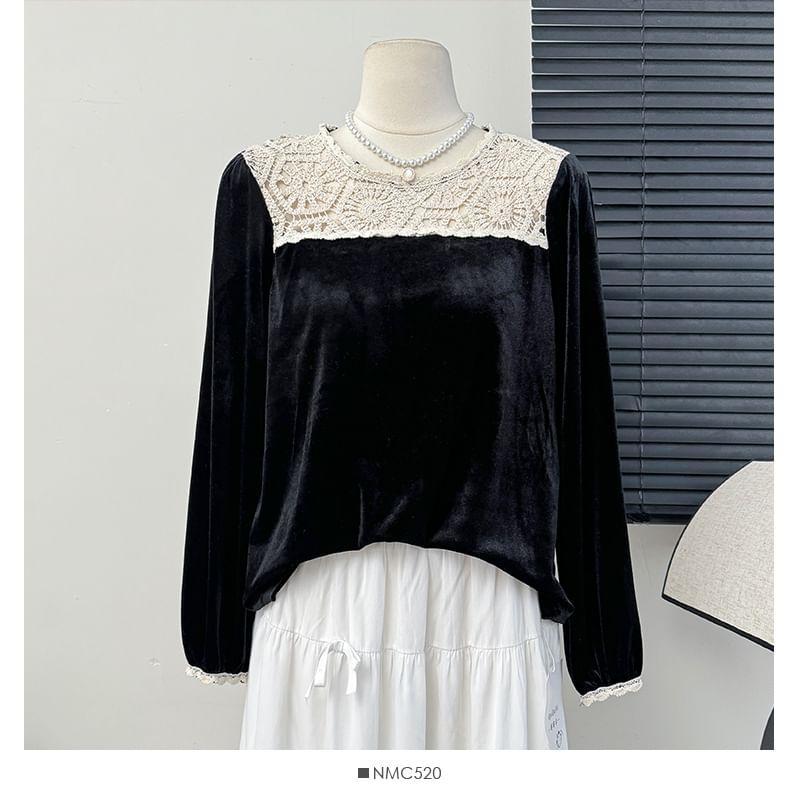 Lace-Panel Velvet Blouse Product Image