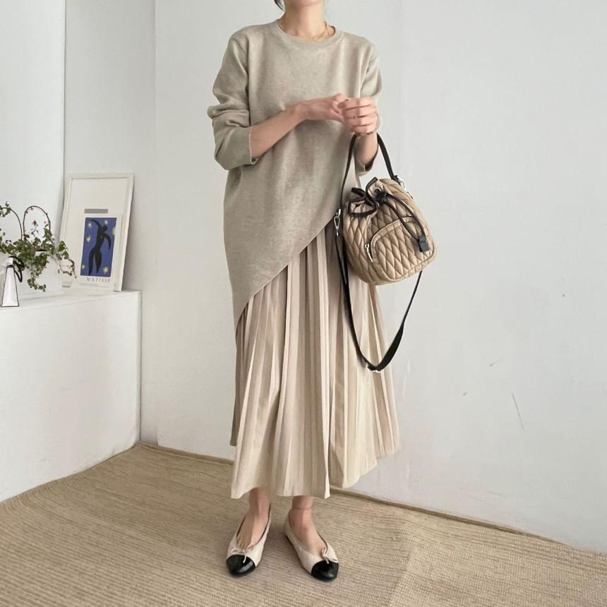 Long-Sleeve Crew Neck Mock Two-Piece Plain Asymmetrical Pleated Panel Midi Tunic Dress Product Image