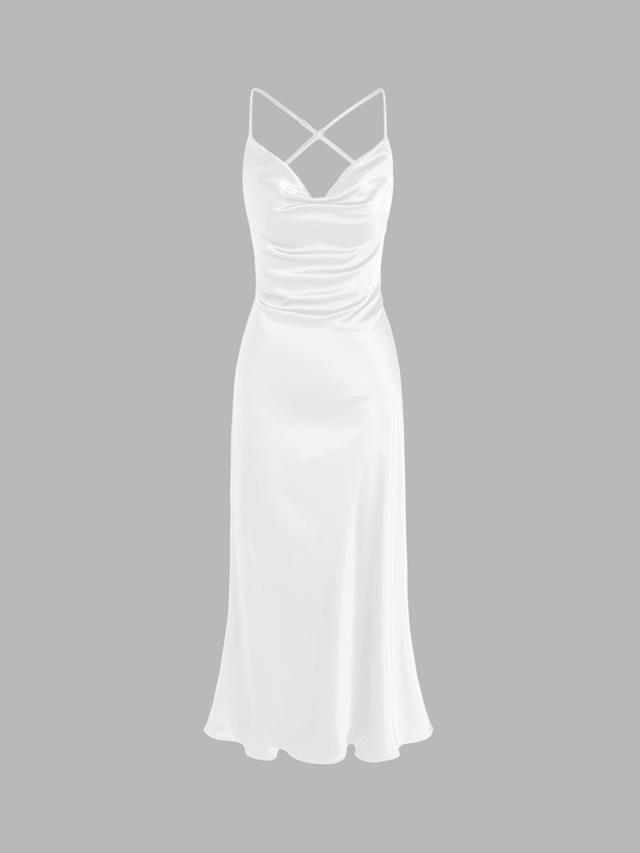 Satin Cowl Neck Sleeveless Mermaid Midi Dress Product Image