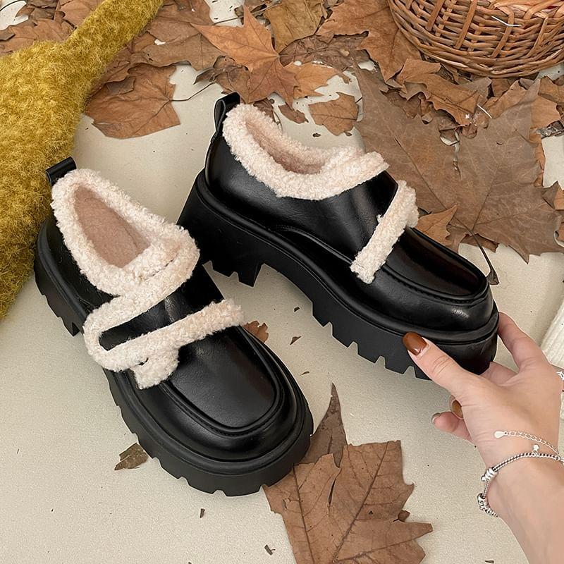 Fleece Lined Platform Chunky Heel Loafers Product Image