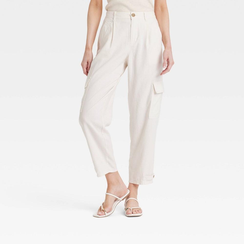 Womens High-Rise Straight Leg Linen Cargo Pants - A New Day Cream 14 Product Image