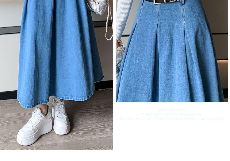 High Waist Washed Pleated Maxi A-Line Denim Skirt / Belt Product Image