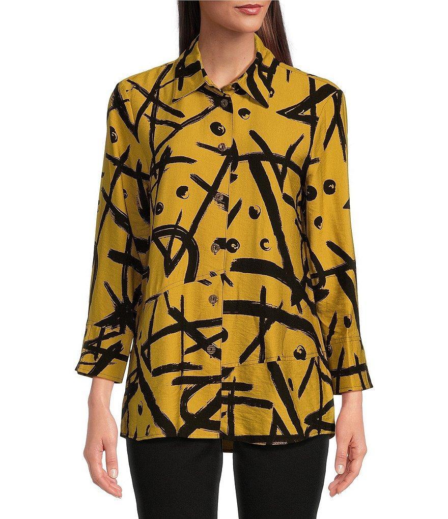 Ali Miles Abstract Printed Collared 3/4 Cuffed Sleeve Button Down Top Product Image