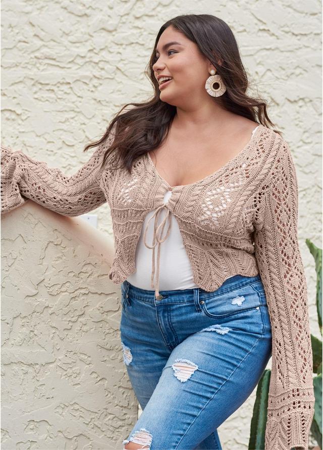 Tie Front Cropped Crochet Cardigan - Taupe Product Image