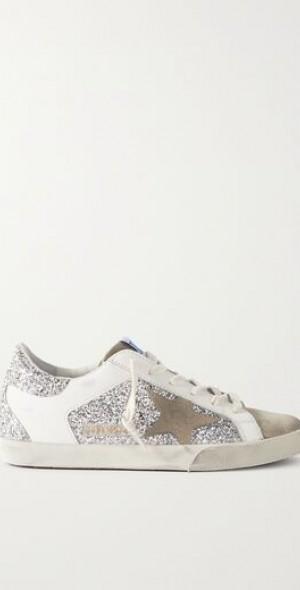 Superstar distressed glittered leather and suede sneakers Product Image