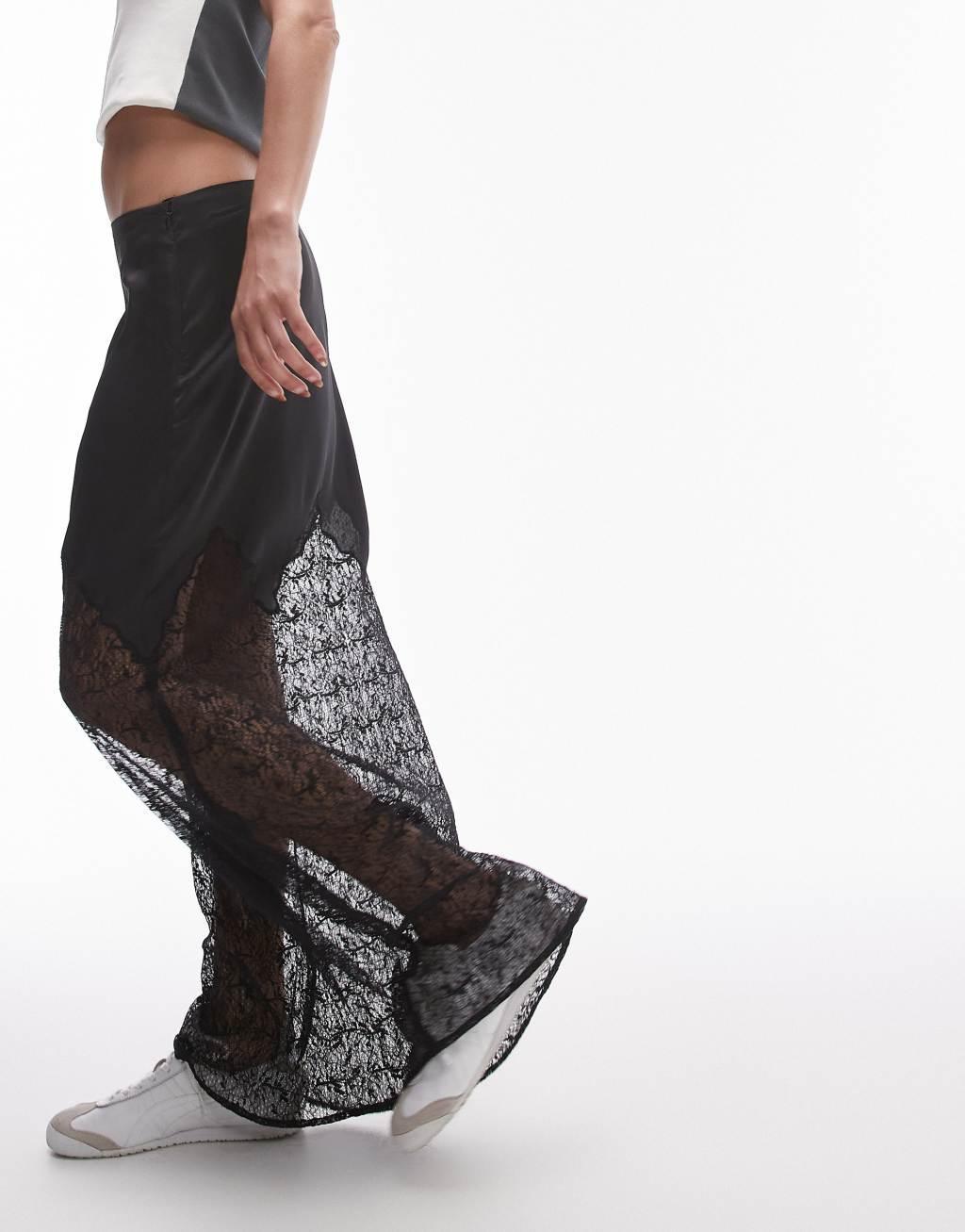 Topshop satin lace mix maxi skirt in black Product Image