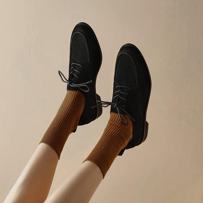 Chunky Heel Plain Lace-Up Faux Suede Shoes Product Image