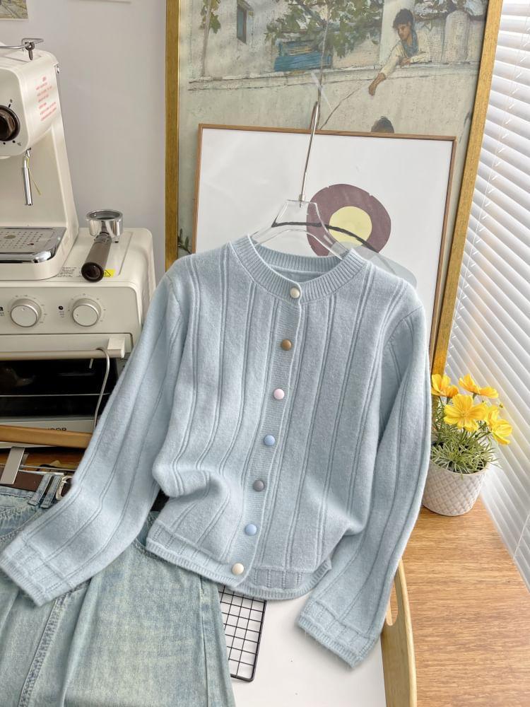 Crew Neck Plain Button-Up Cardigan Product Image