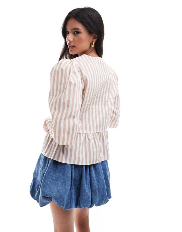 ASOS DESIGN cotton poplin peplum tie shirt top in natural stripe Product Image