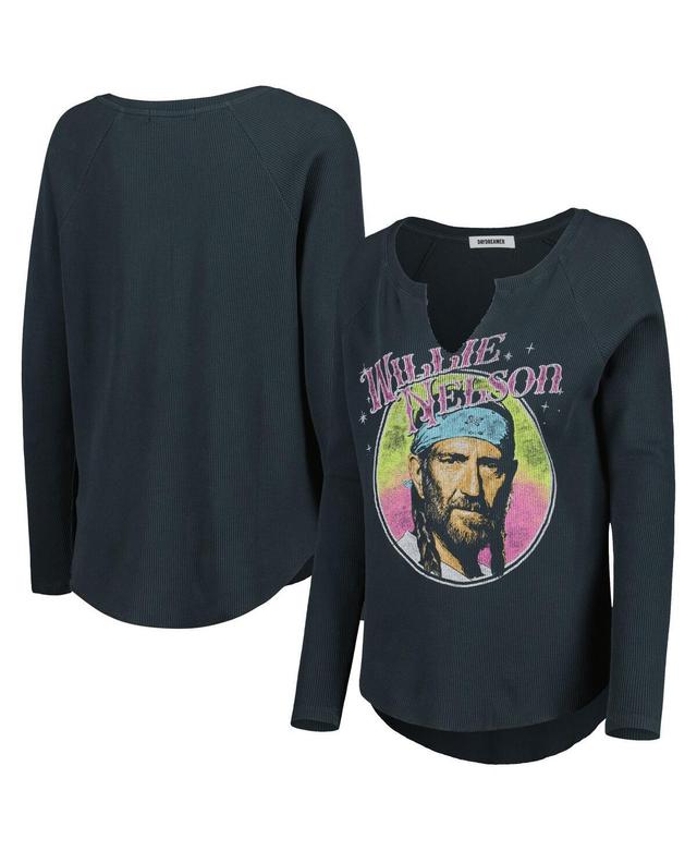 Daydreamer Womens Black Willie Nelson Graphic Raglan Long Sleeve Notch Neck Thermal Shirt Product Image