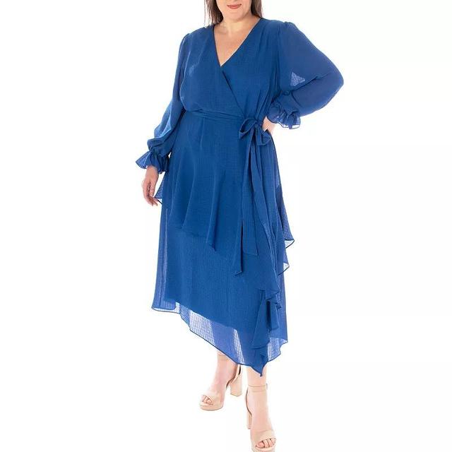 Maison Tara Plus Size Asymmetrical Tiered Ruffle Long Sleeve V-Neck Faux Wrap Midi Dress Product Image