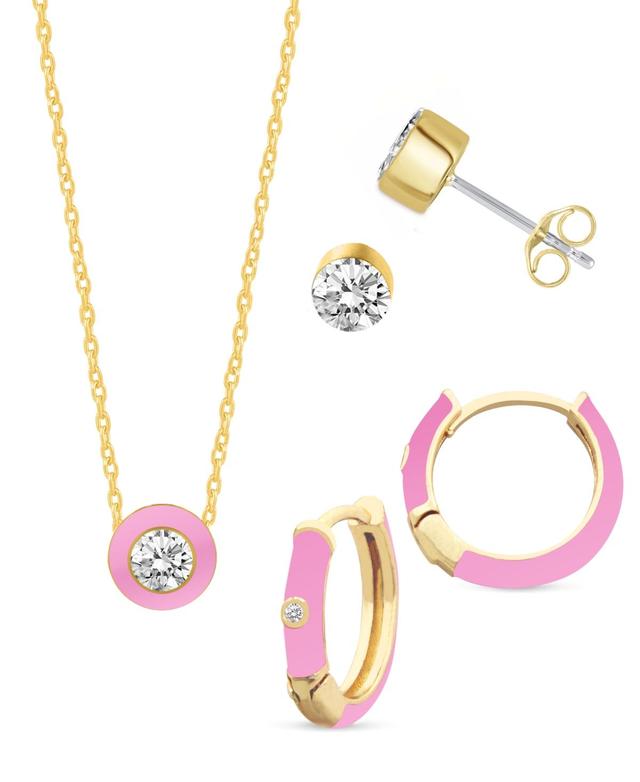 Royal Aura Pink Enamel Necklace, Stud & Hoop Earring Trio Set, Womens Gold Tone Pink Product Image