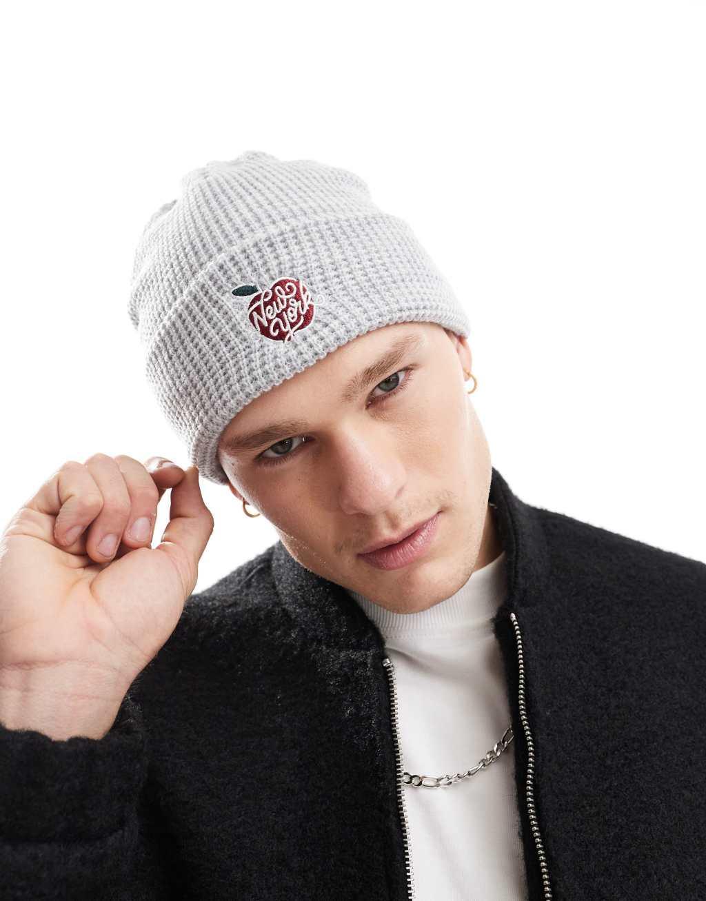 Cotton On waffle beanie with New York graphic in gray Product Image