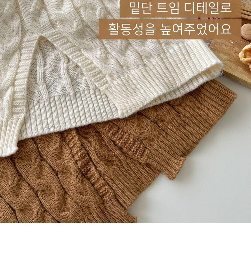 Set: Long-Sleeve Hooded Plain Cable Knit Sweater + High Rise Mini Knit Skirt Product Image