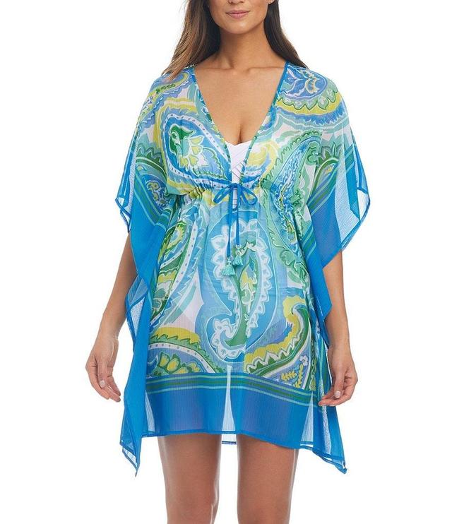 Bleu Rod Beattie More Is More Printed V-Neck Short Sleeve Drawstring Waist Caftan Swim Cover-Up Product Image