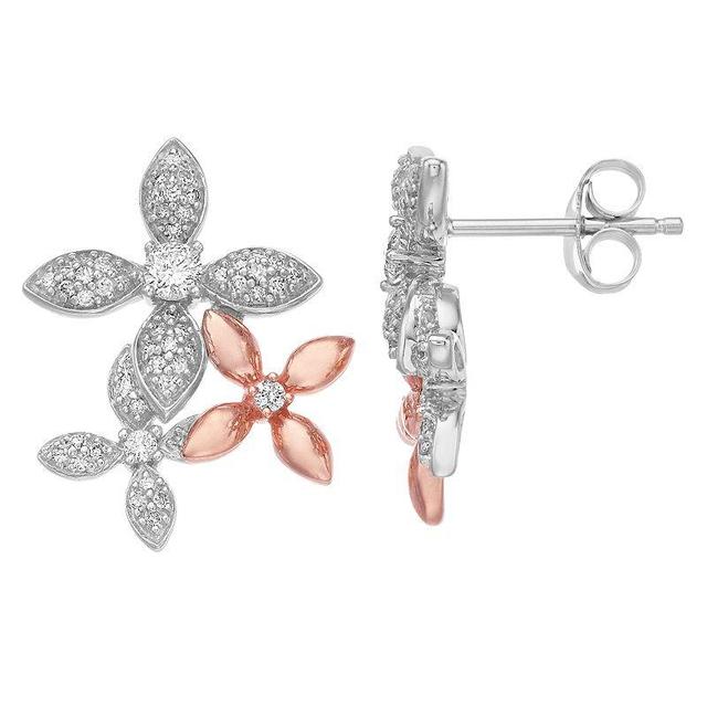 Two Tone Sterling Silver 1/2 Carat T.W. Diamond Flower Earrings, Womens Product Image