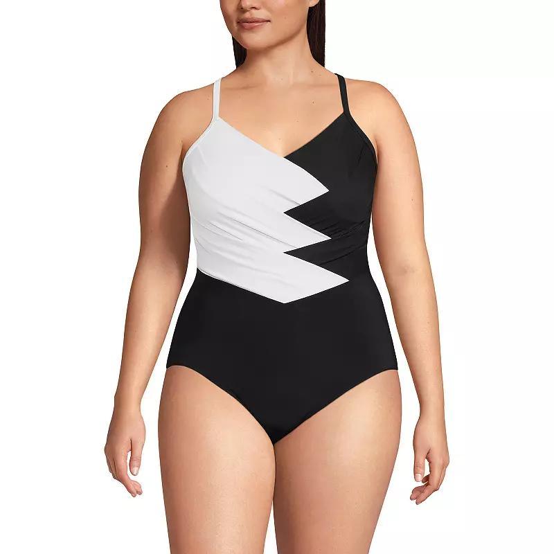 Plus Size Lands End Slender Suit Pleated X-Back One-Piece Swimsuit, Womens Product Image