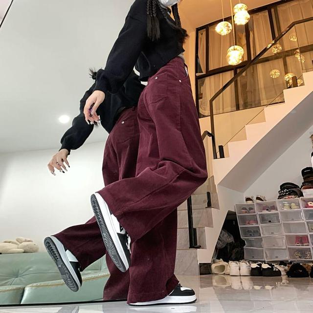 High Rise Plain Corduroy Loose Fit Pants Product Image