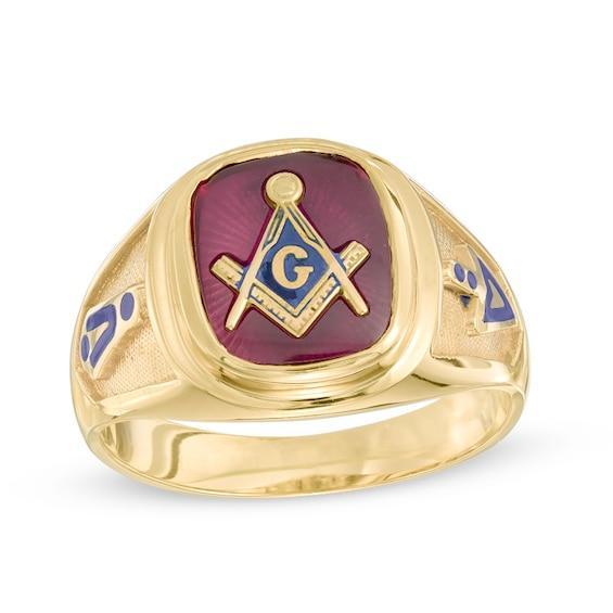 Men's Cushion-Cut Red Spinel and Enamel Comfort Fit Masonic Ring in 10K Gold Product Image