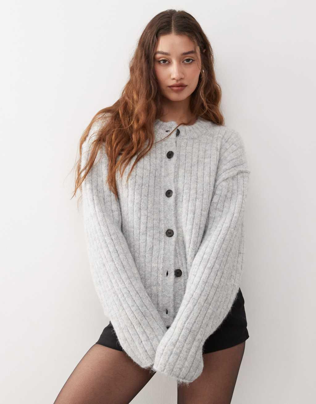 Weekday Alika chunky wool blend cardigan in gray melange product image