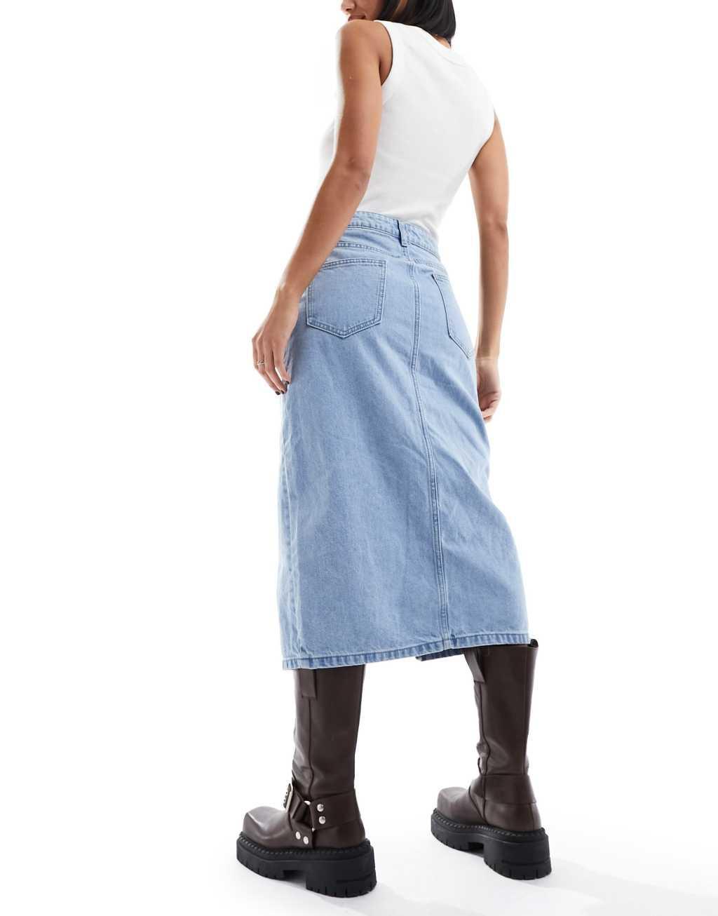 ONLY denim midi skirt with front split in light blue  Product Image