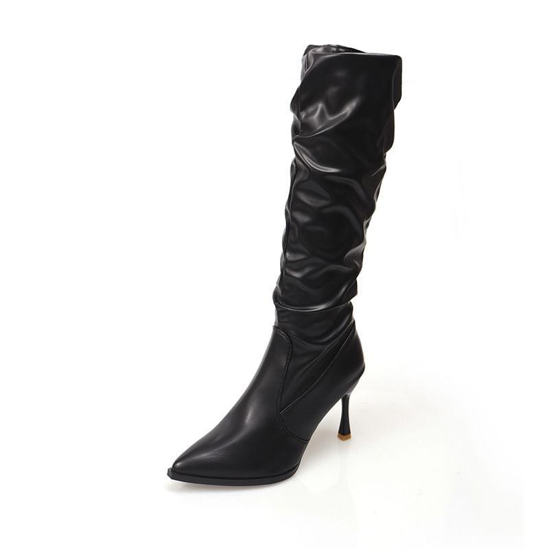 High Heel Pointed Toe Plain Faux Leather Tall Boots Product Image