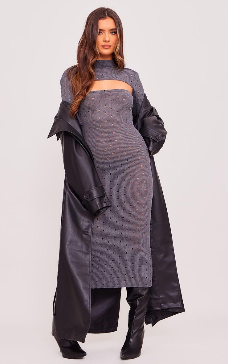 Charcoal Grey Ribbed Long Sleeve Cut Out Midi Dress Product Image