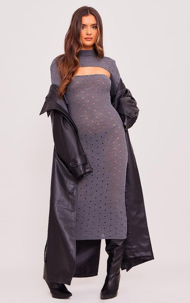 Charcoal Grey Ribbed Long Sleeve Cut Out Midi Dress Product Image