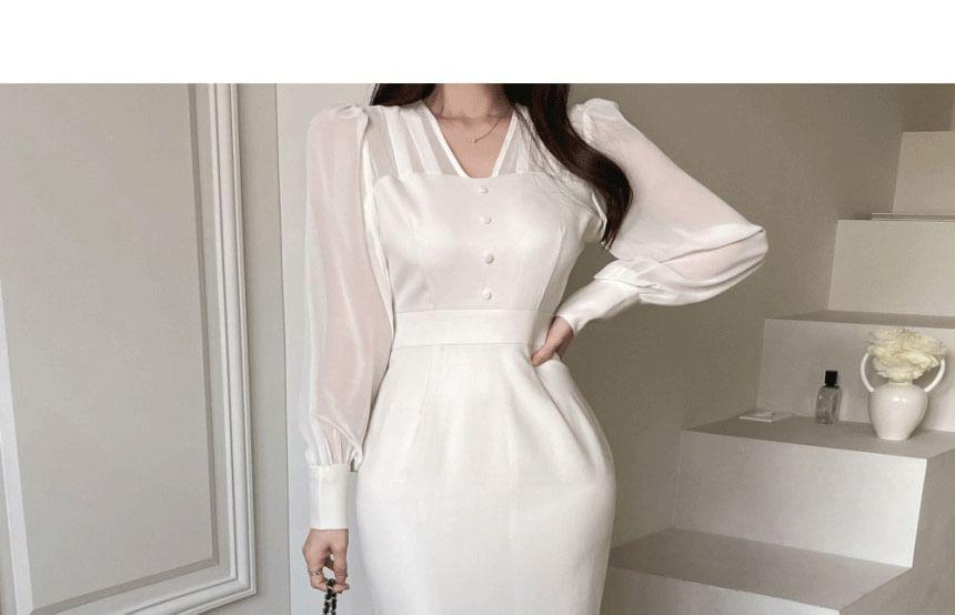 Long Sleeve V-Neck Plain Tie Back Button Panel Mesh Maxi Sheath Dress Product Image