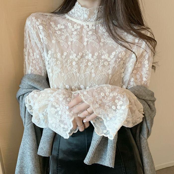 Long Sleeve Mock Neck Floral Lace Top Product Image