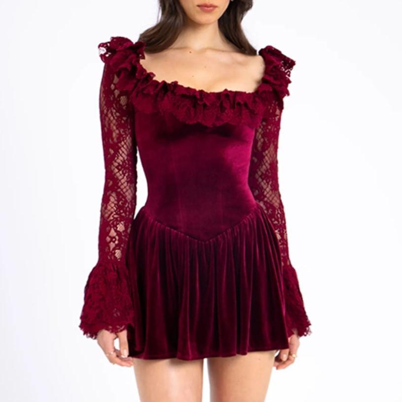 Flare-Sleeve Square Neck Lace Mini A-Line Dress Product Image