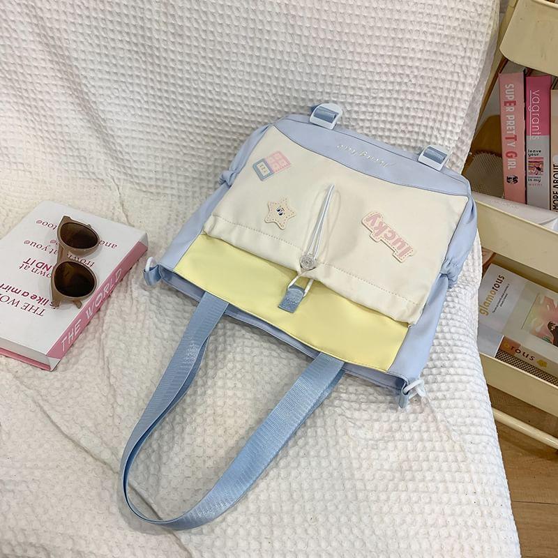 Applique Drawstring Panel Nylon Crossbody Tote Bag Product Image