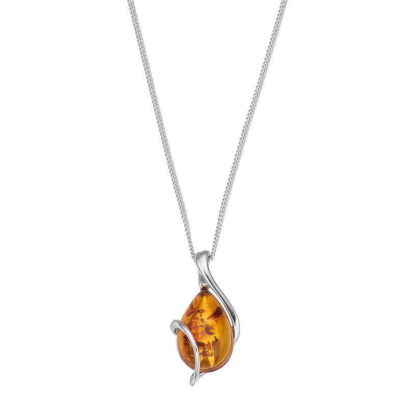 Sterling Silver Amber Teardrop Pendant Necklace, Womens, Silvertone Product Image