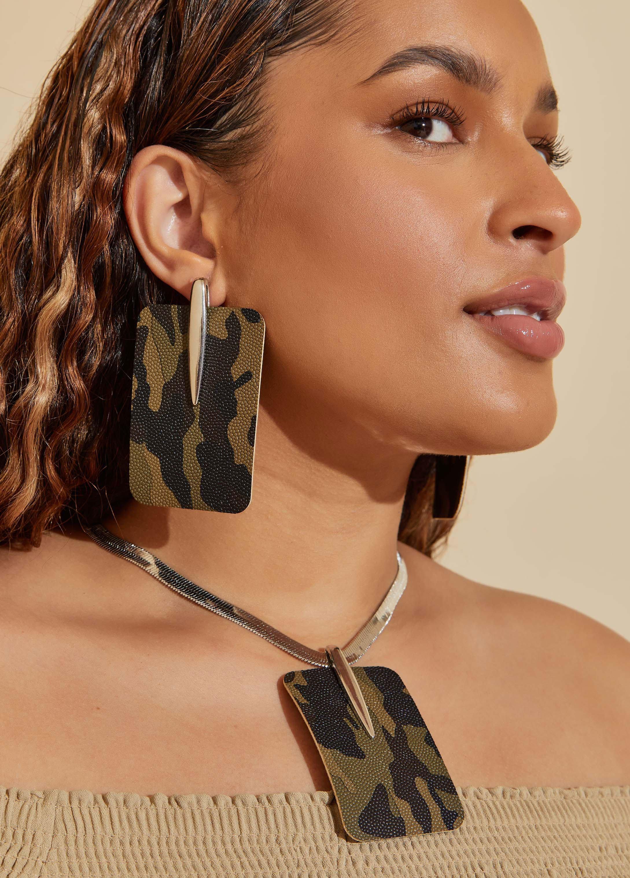 Plus Size Camo Print Faux Leather Earrings Ashley Stewart Product Image