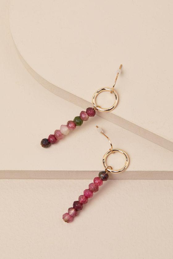 Heightened Shine Pink and Green Beaded Drop Earrings Product Image