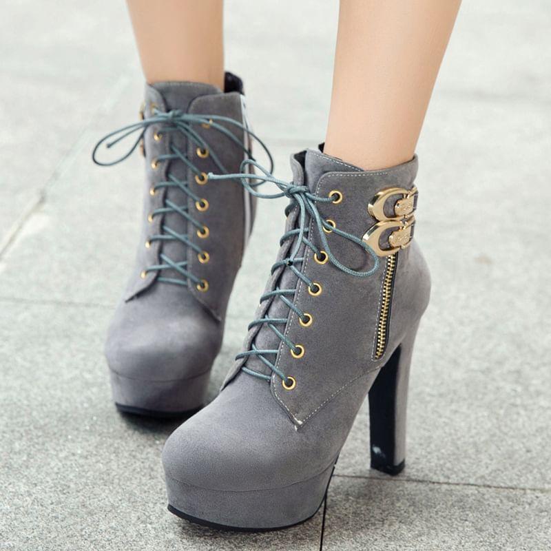 Platform Chunky Heel Buckled Lace-Up Short Boots product image