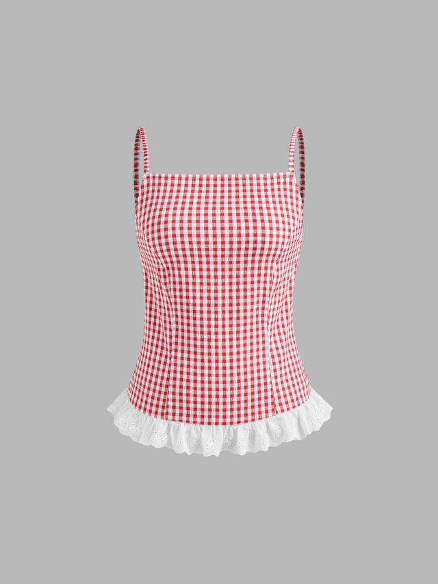 Square Neck Gingham Broderie Anglaise Trim Zipper Cami Top Product Image