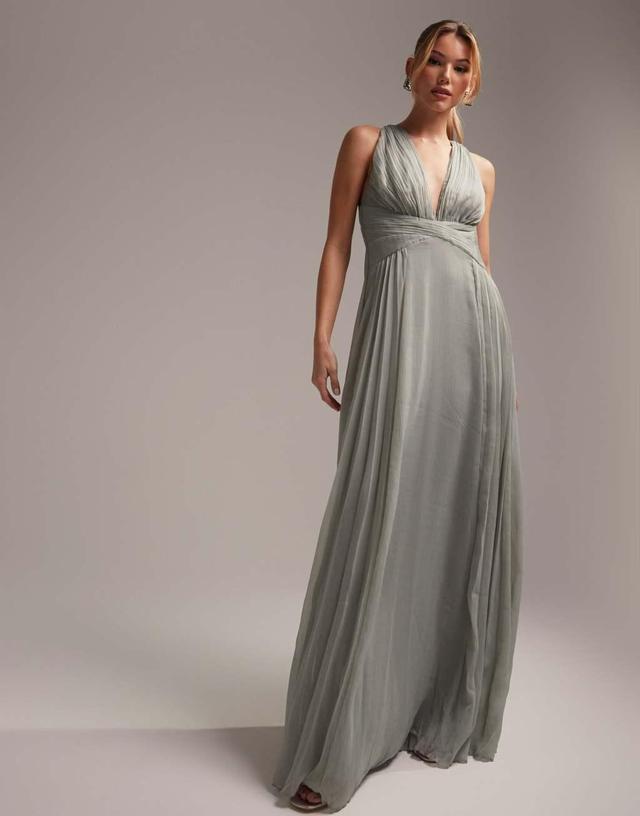 ASOS DESIGN Bridesmaid ruched bodice drape maxi dress with wrap waist in Olive Product Image