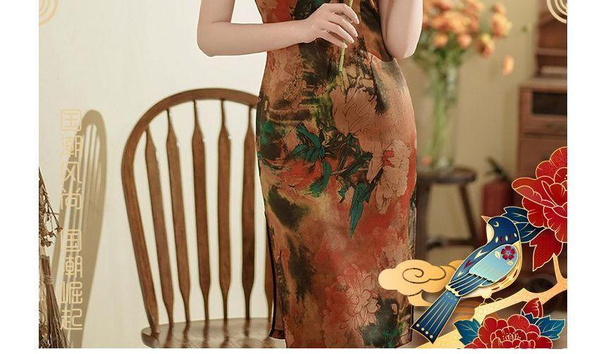 Short-Sleeve Floral Mini Qipao Product Image