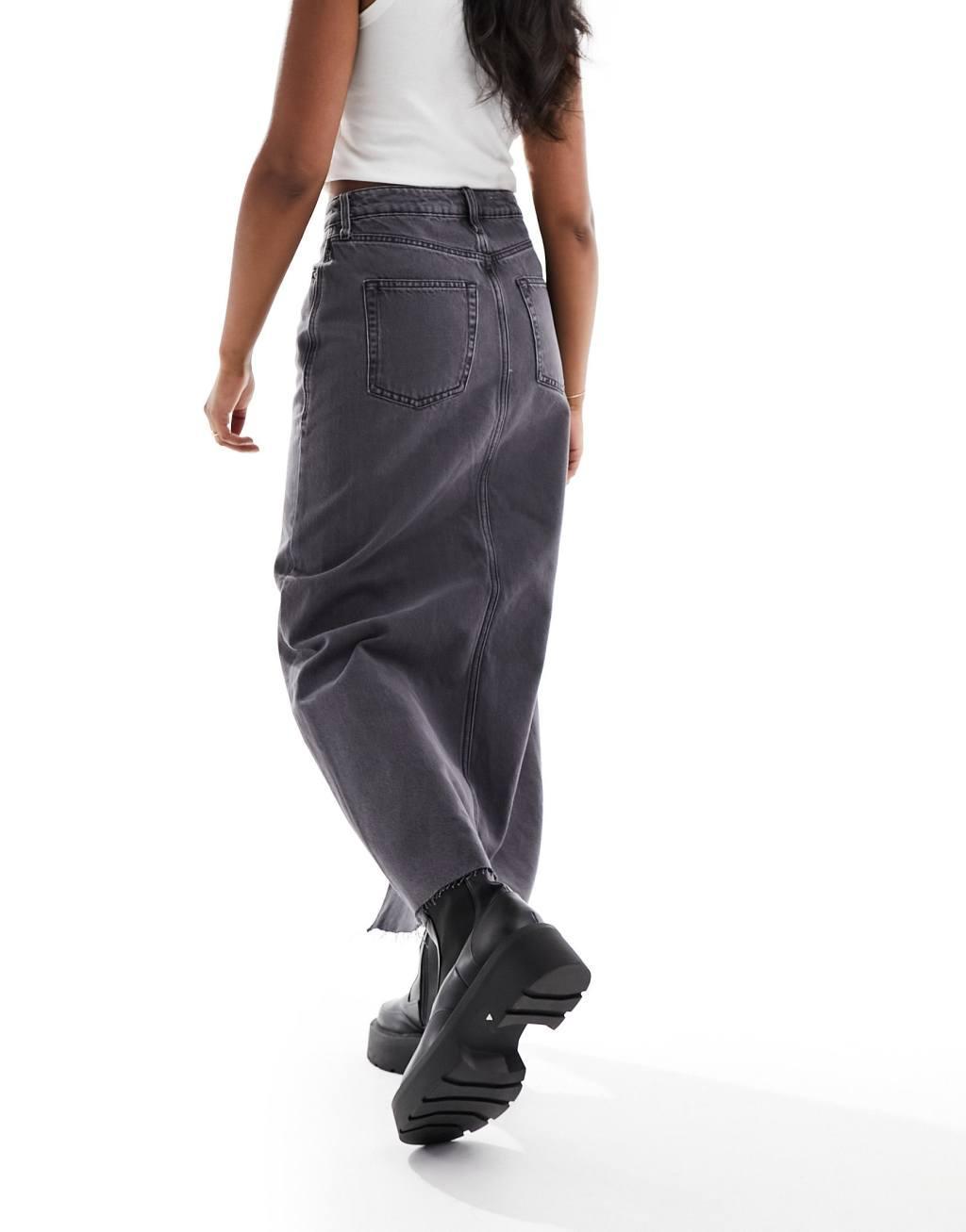 River Island split front denim maxi skirt in dark gray Product Image