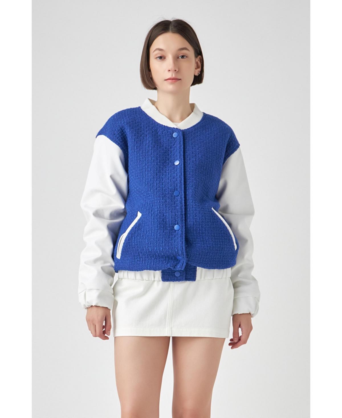 Womens Tweed Pu Bomber Jacket - Blue Product Image