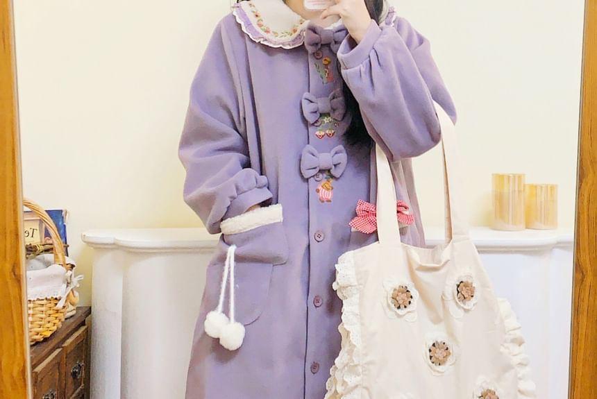 Peter Pan Collar Floral Embroidered Bow Accent Contrast Fleece Trim Button-Up Long Coat Product Image