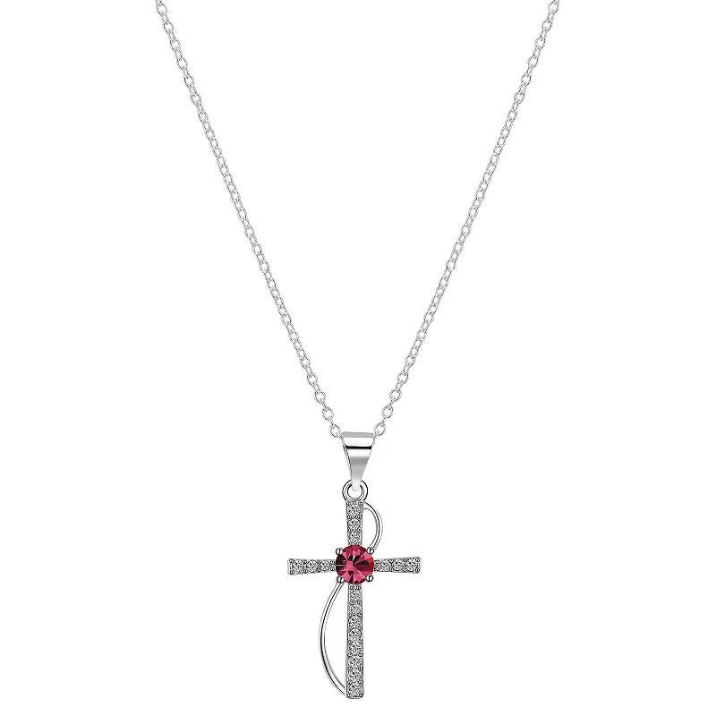 Brilliance Silver Plated Crystal Birthstone Cross Pendant Necklace, Womens Silver Tone Rose Product Image