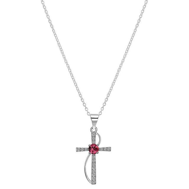 Brilliance Silver Plated Crystal Birthstone Cross Pendant Necklace, Womens Silver Tone Rose Product Image