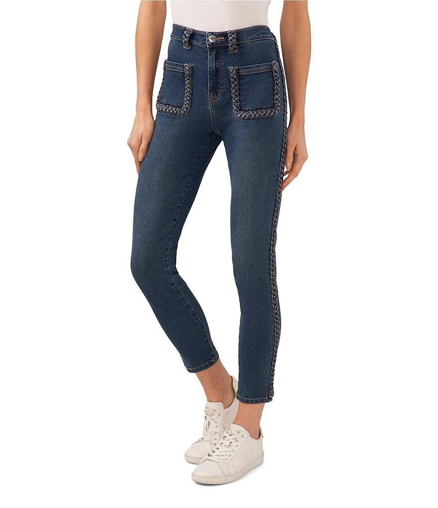 CeCe High Waisted Front Patch Pocket Braided Trim Denim Skinny Jeans Product Image