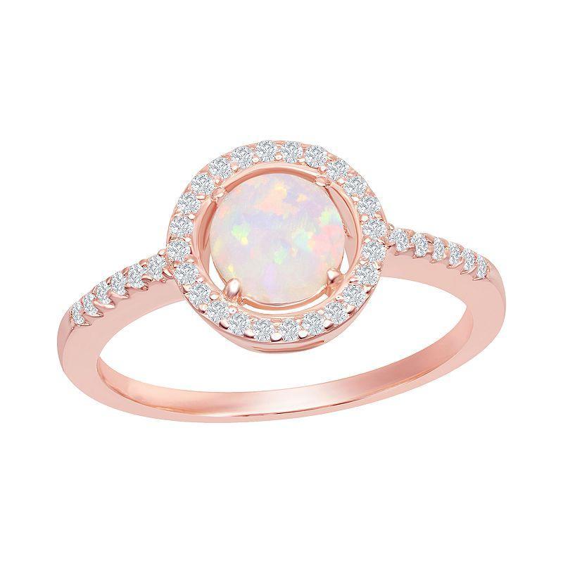 Sterling Silver Round White Opal with Cubic Zirconia Ring, Womens Pink Tone Product Image